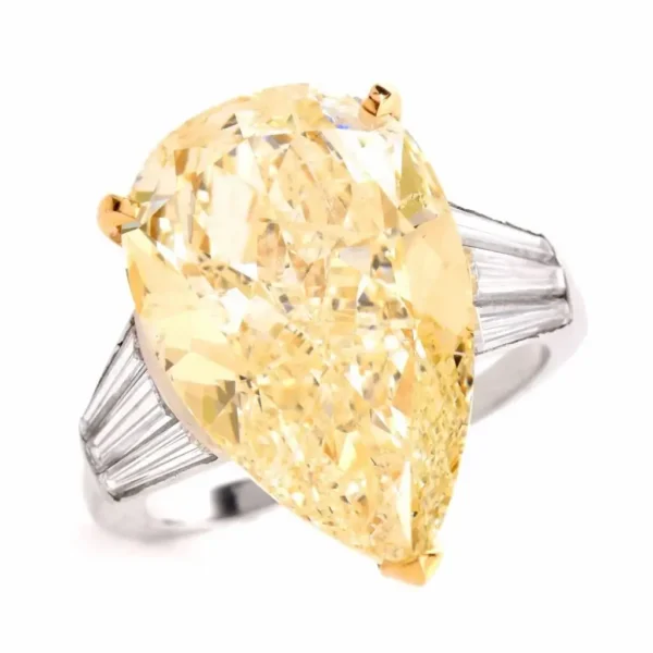 GIA 13.41 Carat Natural Fancy Pear Diamond with Baguette Platinum and Gold Ring - Image 2