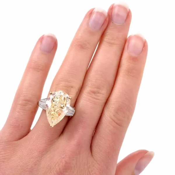 GIA 13.41 Carat Natural Fancy Pear Diamond with Baguette Platinum and Gold Ring - Image 8