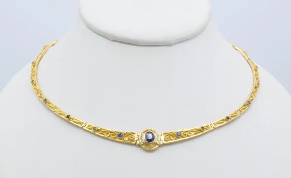 Gold Greek Collar 18K and Sapphires Necklace Articulate Links - Image 5