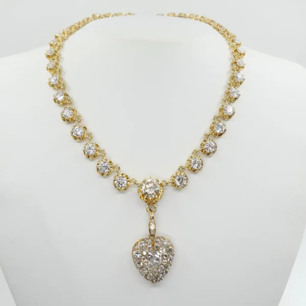Important Old Mine Cut Heart Locket Pendant and Diamond Necklace, Certified
