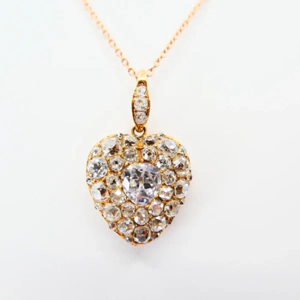 Important Old Mine Cut Heart Locket Pendant and Diamond Necklace, Certified - Image 5