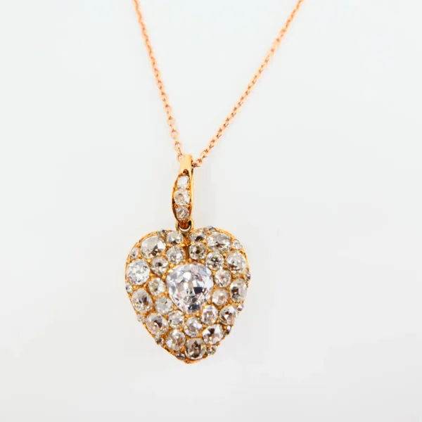 Important Old Mine Cut Heart Locket Pendant and Diamond Necklace, Certified - Image 14