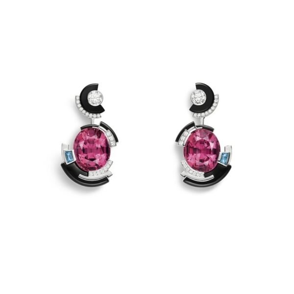 Labyrinthe Earrings For Sale - White gold, onyx, rubellites, diamonds