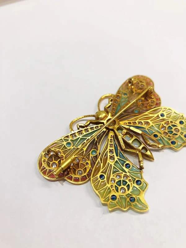 Masriera 18 Karat Yellow Gold Enamel and Diamond Butterfly Brooch - Image 4