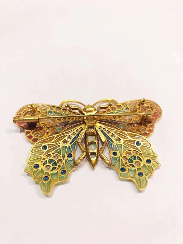 Masriera 18 Karat Yellow Gold Enamel and Diamond Butterfly Brooch - Image 2