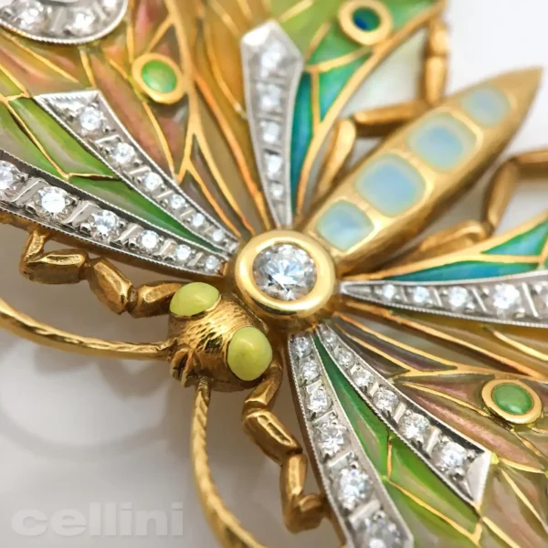 Masriera 18 Karat Yellow Gold Enamel and Diamond Butterfly Brooch - Image 3