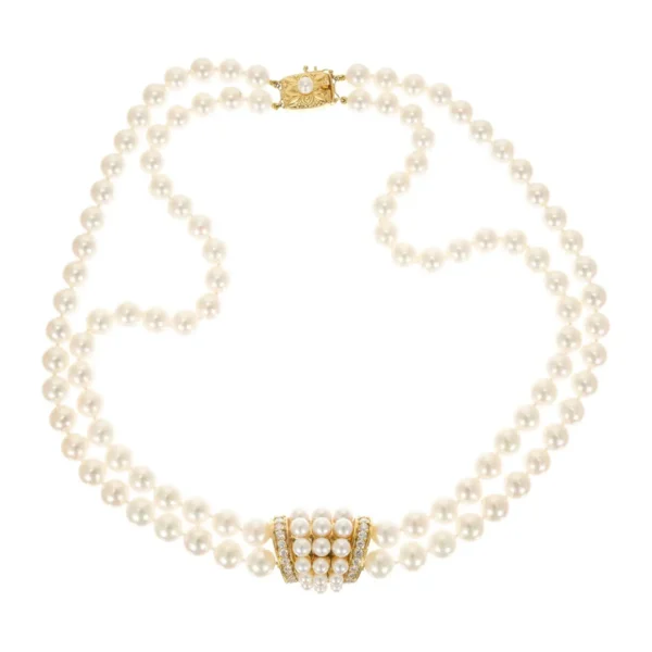 Mikimoto Double Strand Cultured Pearl Diamond Gold Necklace