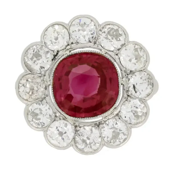 Natural unenhanced Burmese Ruby Diamond Platinum Cluster Ring