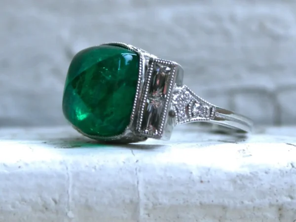 Platinum Art Deco Style Sugarloaf Emerald and Diamond Ring Engagement Ring - Image 2