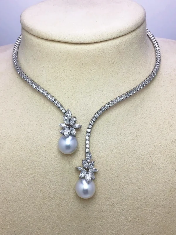 Platinum Spring Wire Necklace with Diamonds and Twin South Sea Pearl Drops