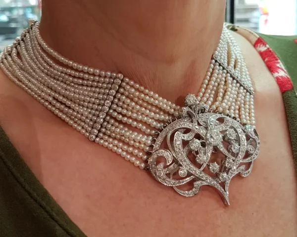Seed Pearl Diamond Platinum Gold Choker Necklace - Image 6