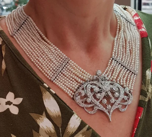 Seed Pearl Diamond Platinum Gold Choker Necklace - Image 9