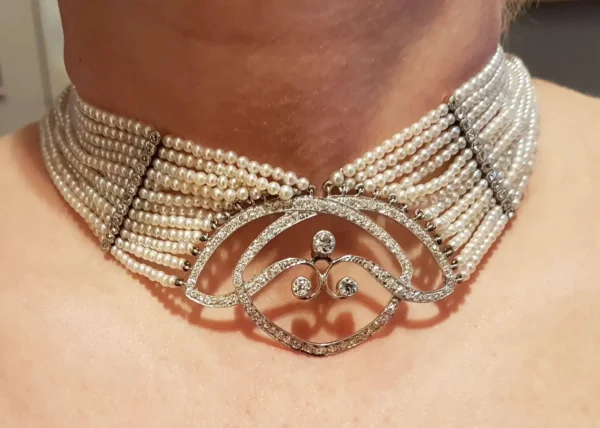 Seed Pearl Diamond Platinum Gold Choker Necklace - Image 8