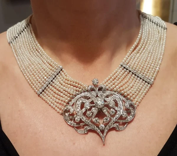 Seed Pearl Diamond Platinum Gold Choker Necklace - Image 3