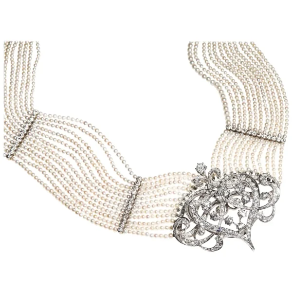 Seed Pearl Diamond Platinum Gold Choker Necklace - Image 4