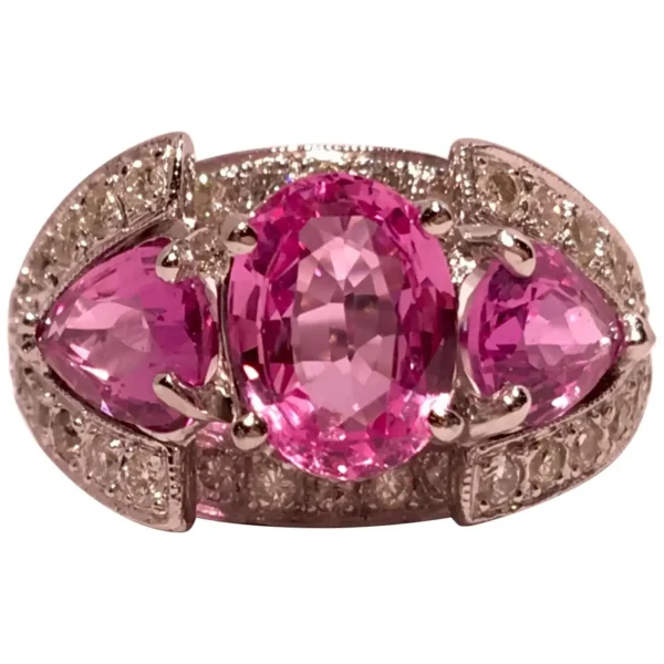 Spectacular Vivid Pink Sapphire Diamond Platinum Three-Stone Ring - Image 9