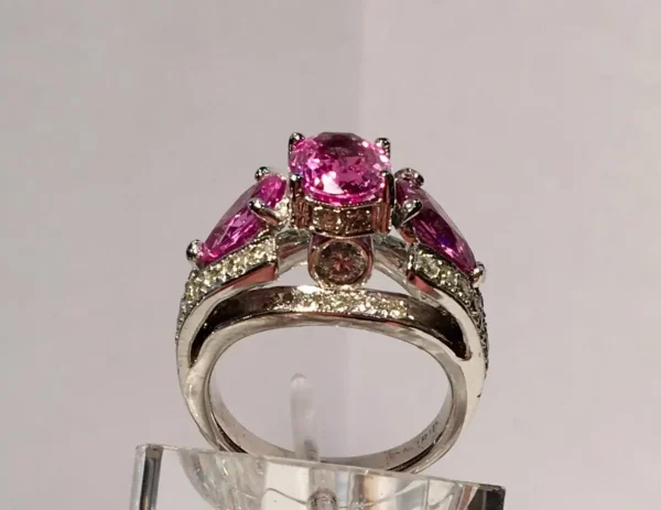 Spectacular Vivid Pink Sapphire Diamond Platinum Three-Stone Ring - Image 2