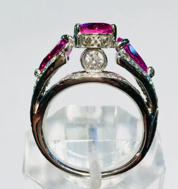 Spectacular Vivid Pink Sapphire Diamond Platinum Three-Stone Ring - Image 8