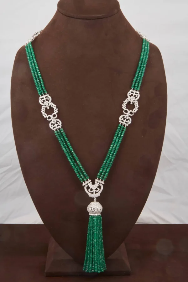 Unique Green Emerald and Diamond Tassel Necklace - Image 5