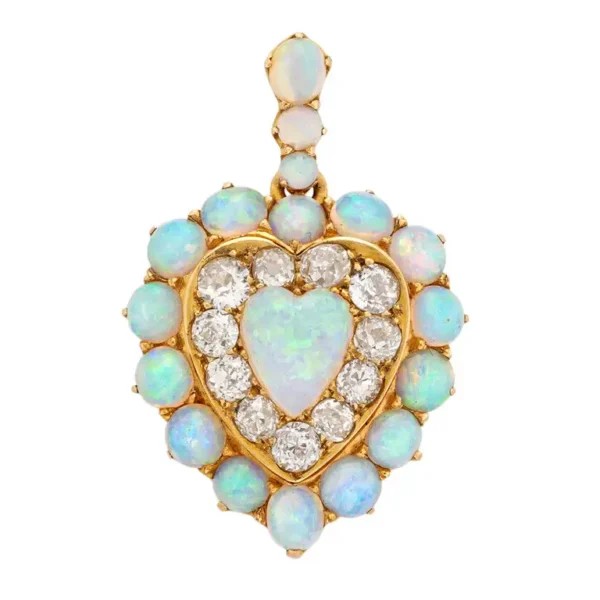 Victorian Opal Diamond Gold Heart Pendant - Image 2