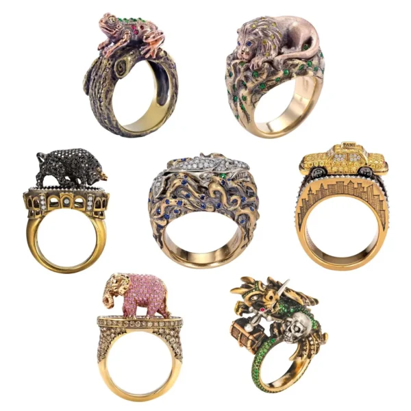 Wendy Brandes 7-Ring Diamond and Coloured Gemstone Animal-Design Collection